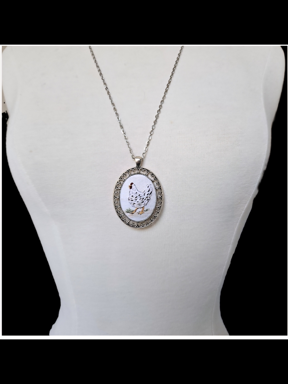 Sweet Hand-Embroidered Chicken Pendant Necklace - White & Silver